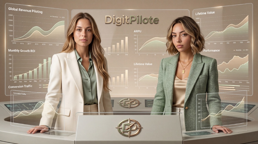 Revenue Tracker — deux professionnelles devant un dashboard DigitPilote avec Global Revenue Piloting, ARPU, Monthly Growth ROI, Lifetime Value, Conversion Traffic et Performance
